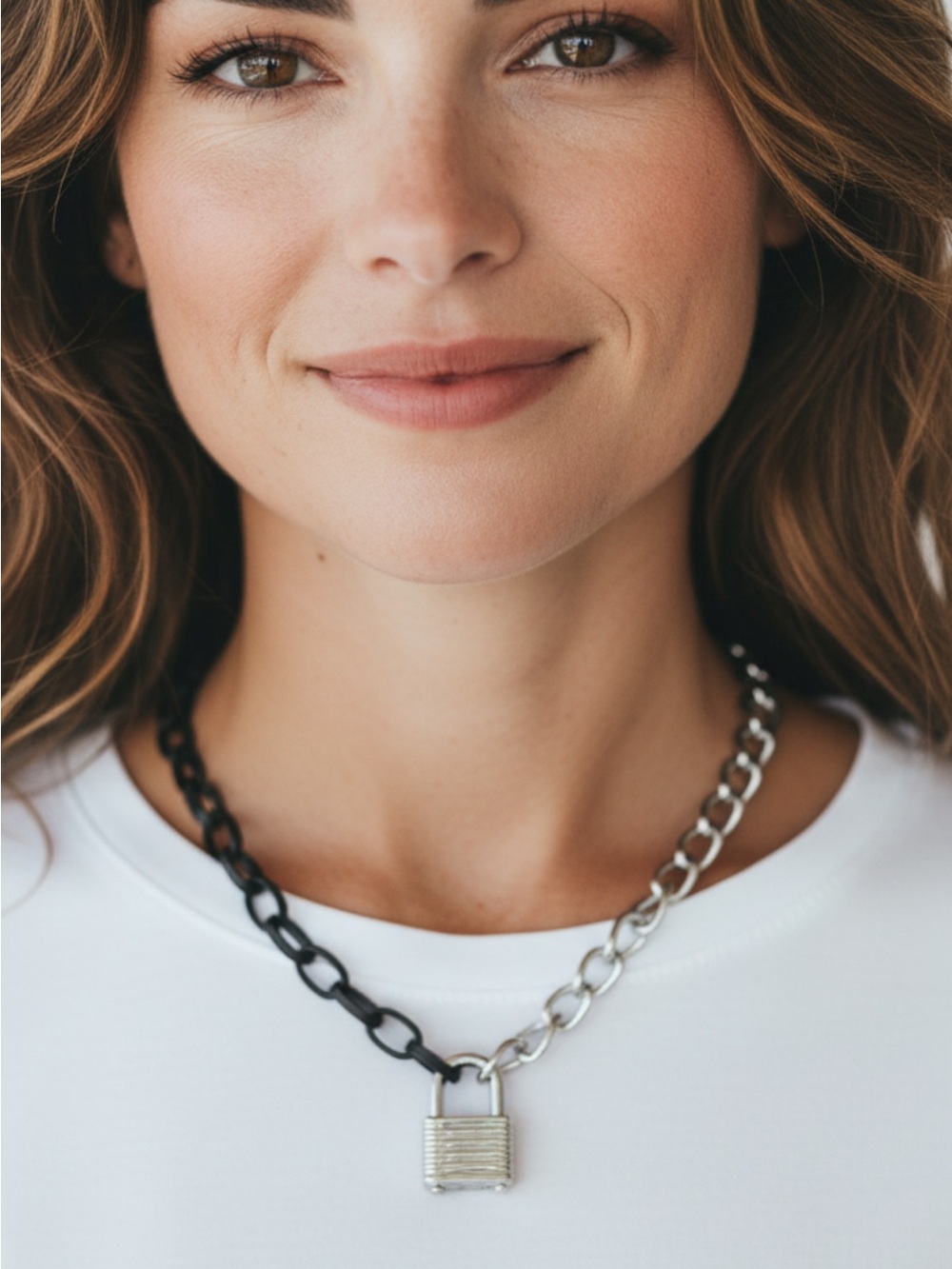 Two-Tone Black & Silver Padlock Chain Necklace — Y2K